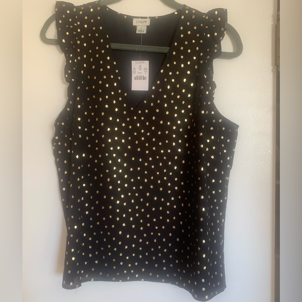 Black tank with flutter sleeves and metallic dots. NWT! Jcrew size 10